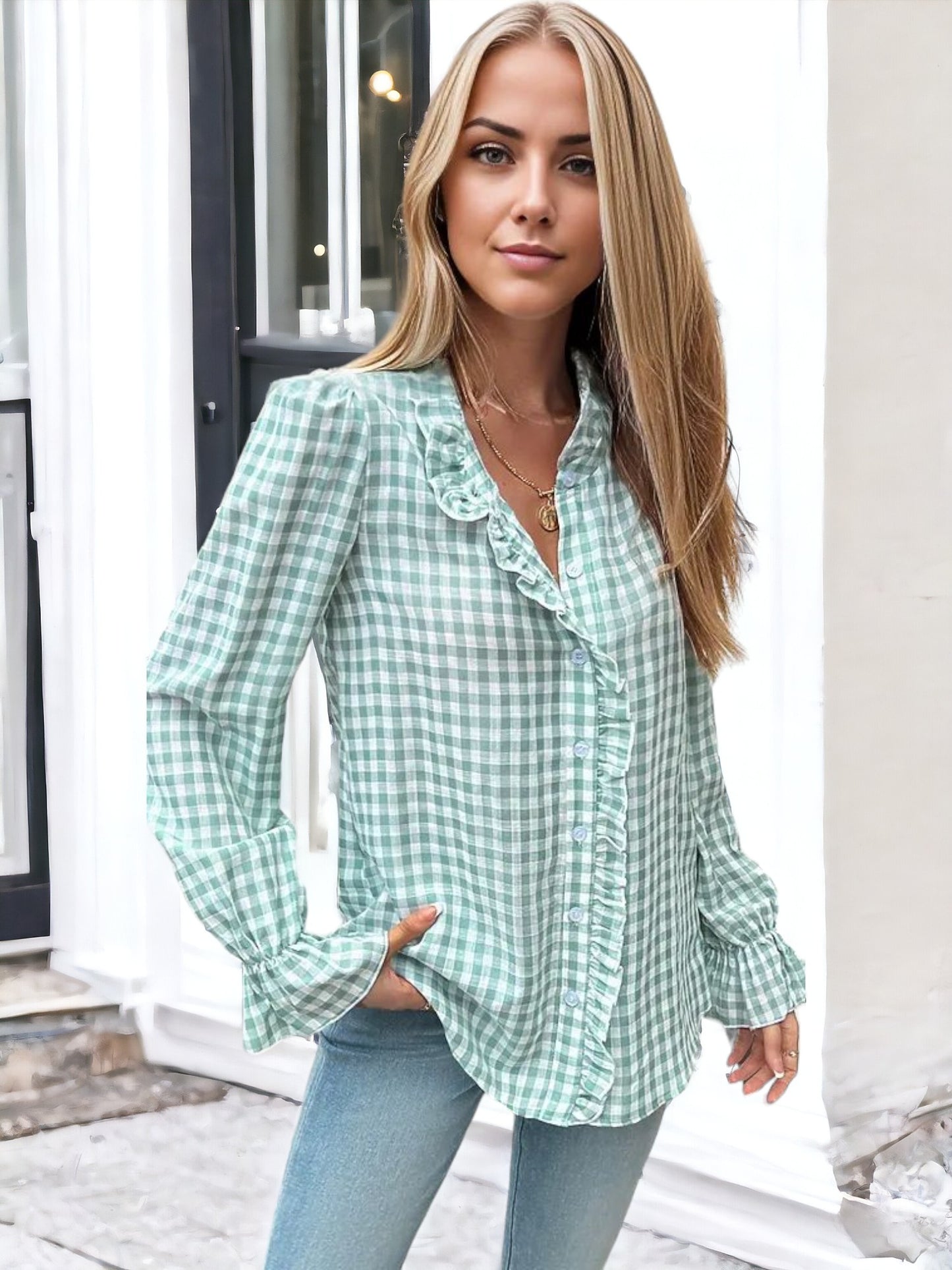 Anna-Kaci Women's Black and White Gingham Blouse with Ruffle Trim and Flared Cuffs