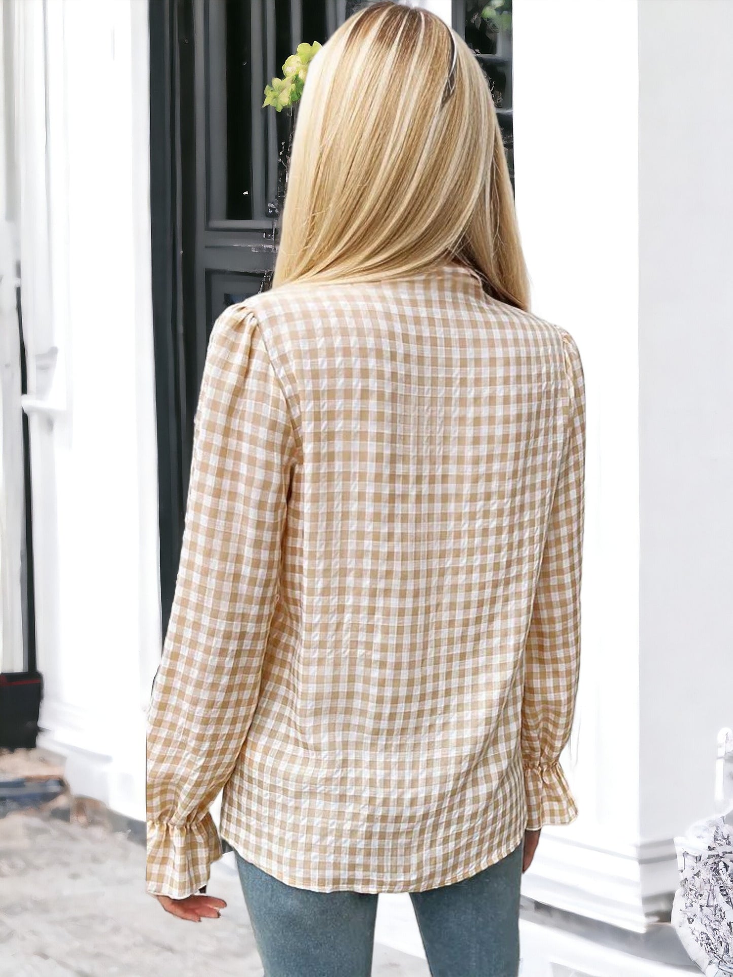 Anna-Kaci Women's Black and White Gingham Blouse with Ruffle Trim and Flared Cuffs
