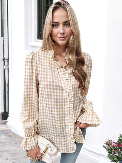 Anna-Kaci Women's Black and White Gingham Blouse with Ruffle Trim and Flared Cuffs