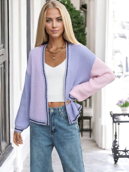 Anna-Kaci Women's Colorblock Knit Cardigan with Open Front and Long Sleeves
