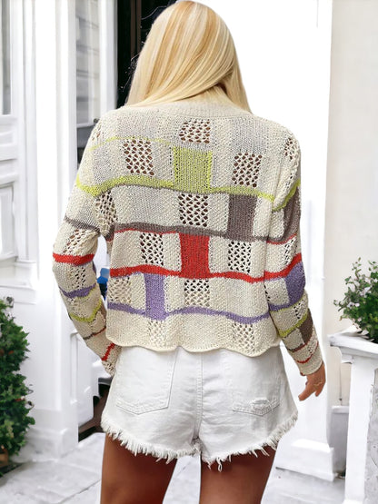 Anna-Kaci Women's Patchwork Knit Sweater with Colorful Geometric Design and Cropped Hem