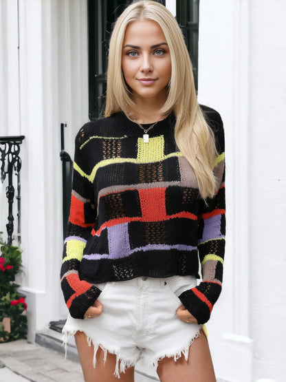Anna-Kaci Women's Patchwork Knit Sweater with Colorful Geometric Design and Cropped Hem