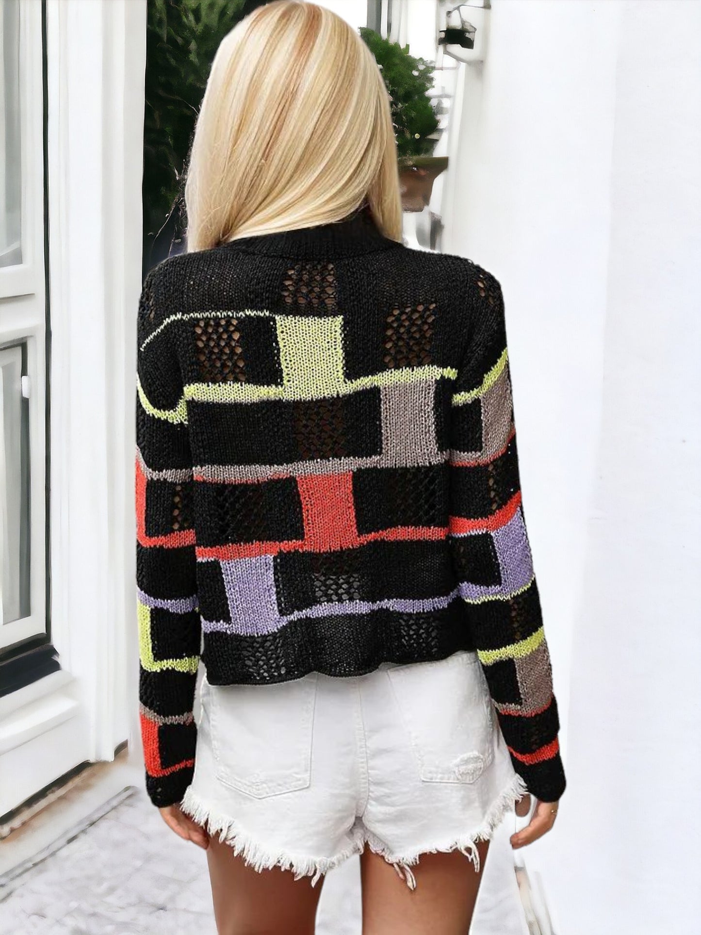 Anna-Kaci Women's Patchwork Knit Sweater with Colorful Geometric Design and Cropped Hem