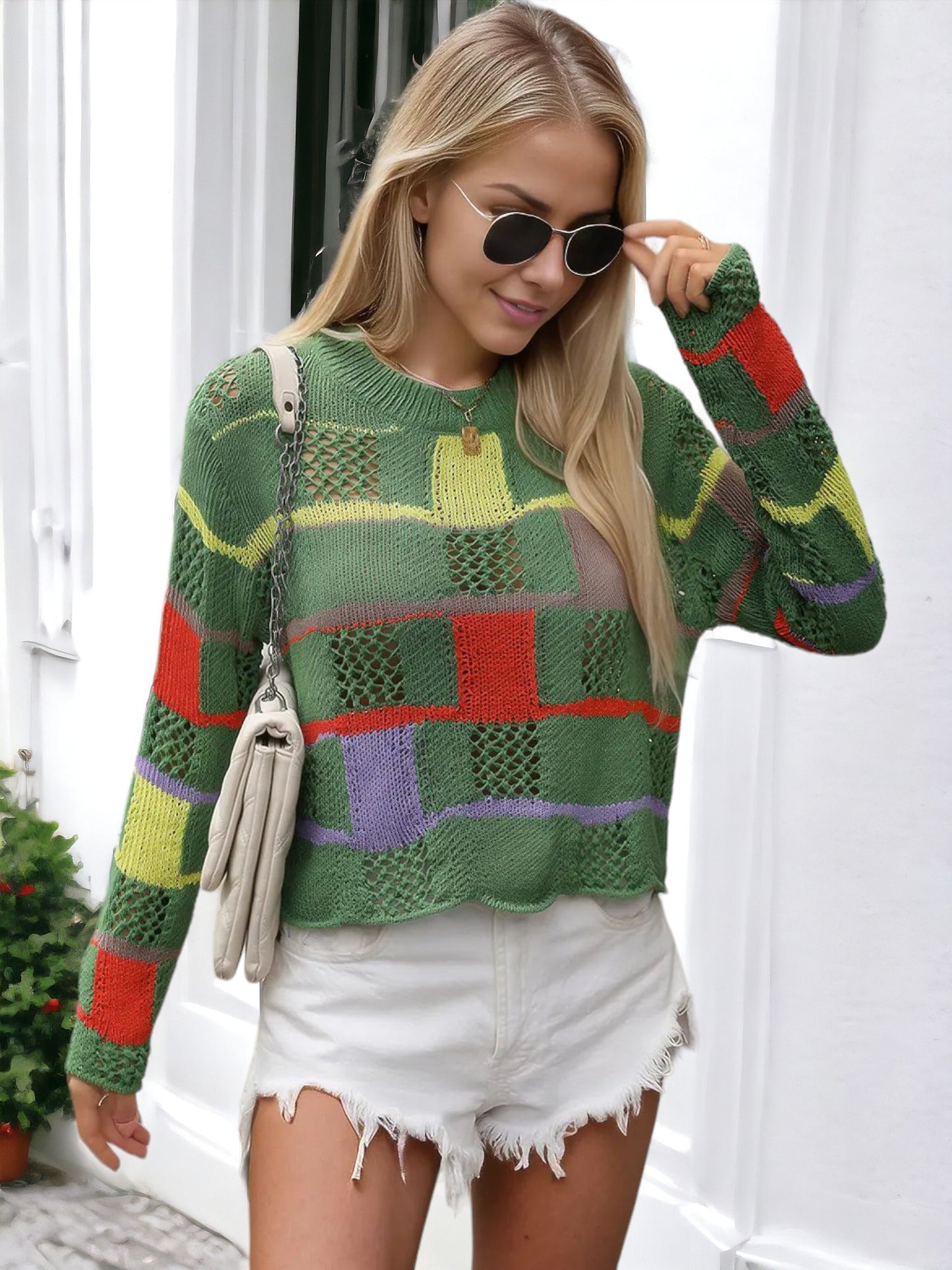 Anna-Kaci Women's Patchwork Knit Sweater with Colorful Geometric Design and Cropped Hem