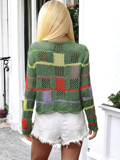 Anna-Kaci Women's Patchwork Knit Sweater with Colorful Geometric Design and Cropped Hem