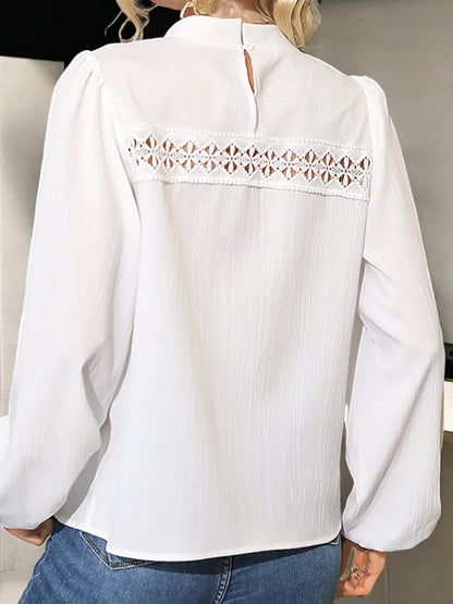 Anna-Kaci Women's Long Sleeve Blouse with Crochet Lace and High Neck