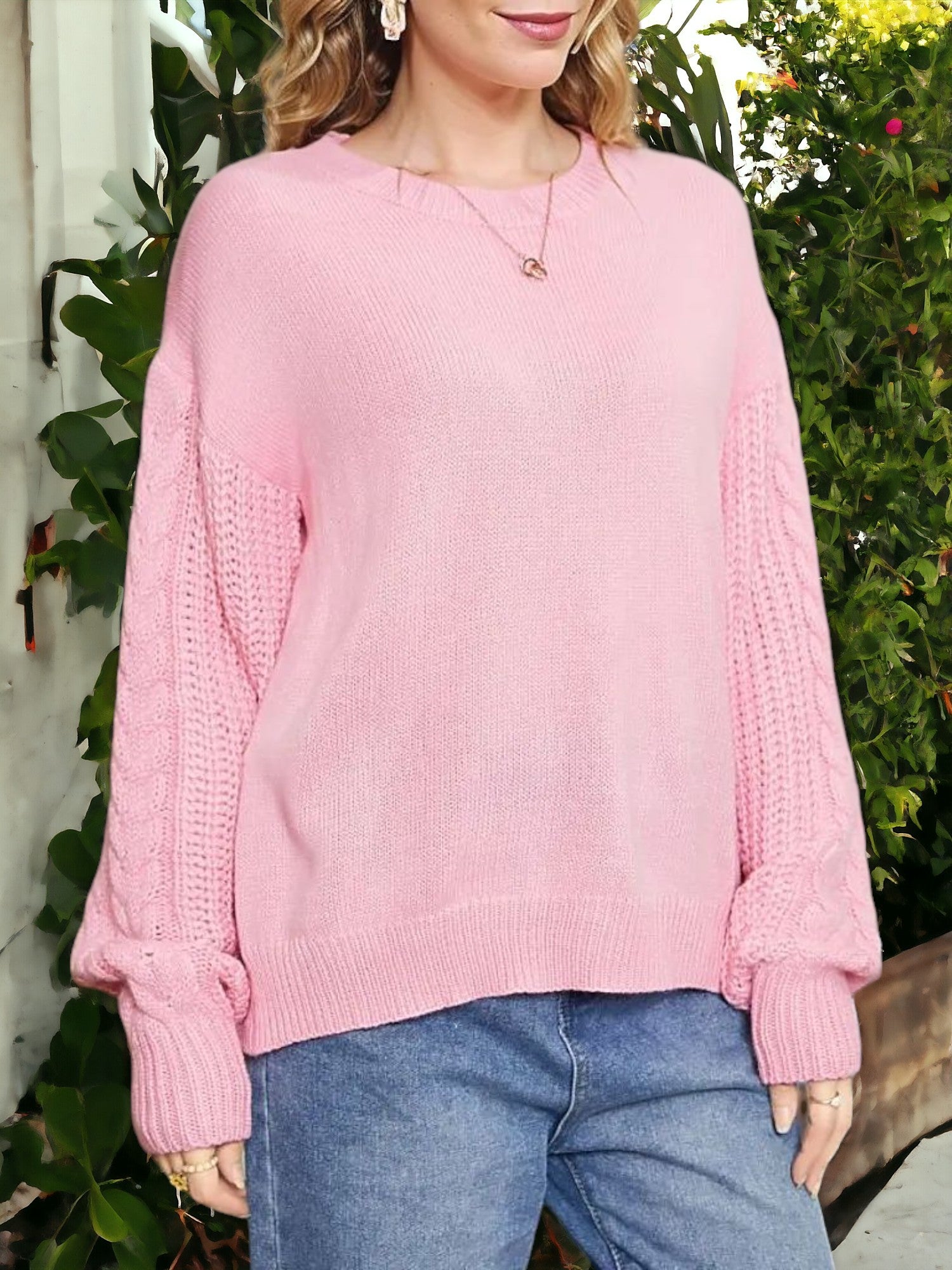 ニット/セーター akiki CABLE KNIT /pink Rose pink Turtleneck Cable-Knit Long Sleeve Sweater – The