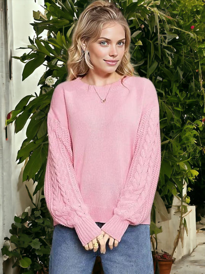 Anna-Kaci Women's Pink Cable Knit Sweater with Cozy Relaxed Fit