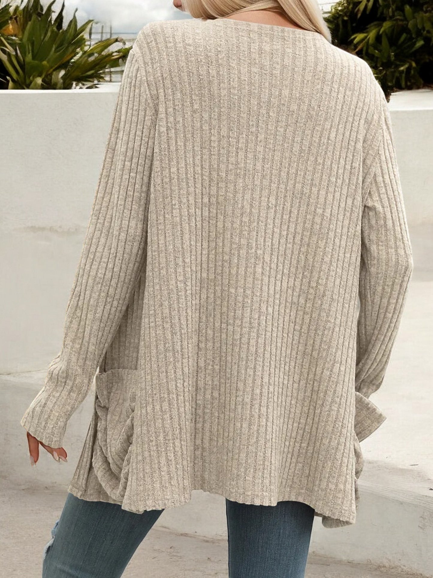 Anna-Kaci Women's Long Sleeve Open Front Cardigan with Ribbed Texture and Side Pockets