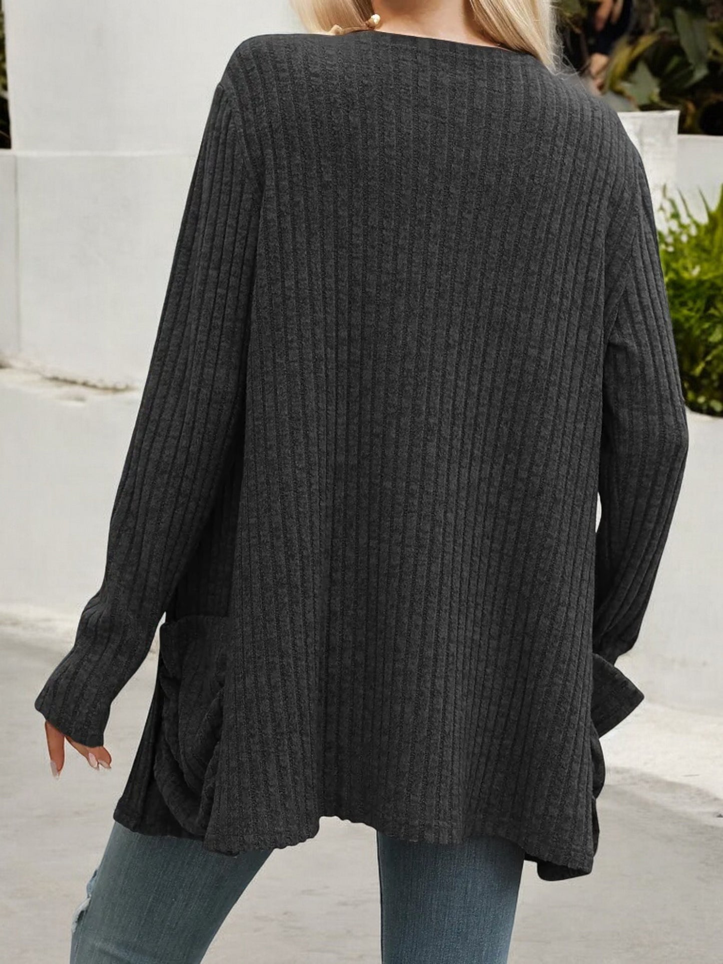 Anna-Kaci Women's Long Sleeve Open Front Cardigan with Ribbed Texture and Side Pockets