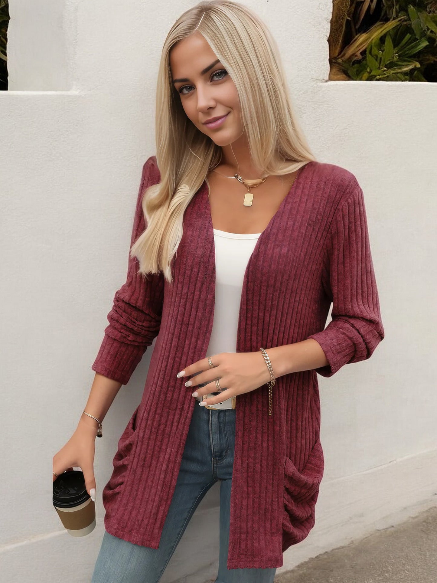 Anna-Kaci Women's Long Sleeve Open Front Cardigan with Ribbed Texture and Side Pockets