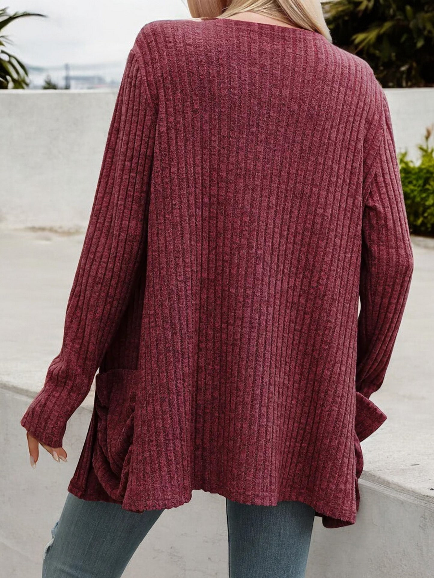 Anna-Kaci Women's Long Sleeve Open Front Cardigan with Ribbed Texture and Side Pockets