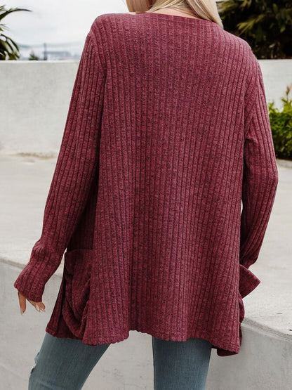 Anna-Kaci Women's Long Sleeve Open Front Cardigan with Ribbed Texture and Side Pockets