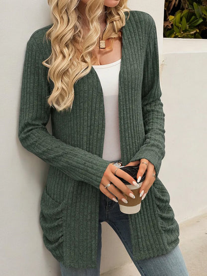 Anna-Kaci Women's Long Sleeve Open Front Cardigan with Ribbed Texture and Side Pockets