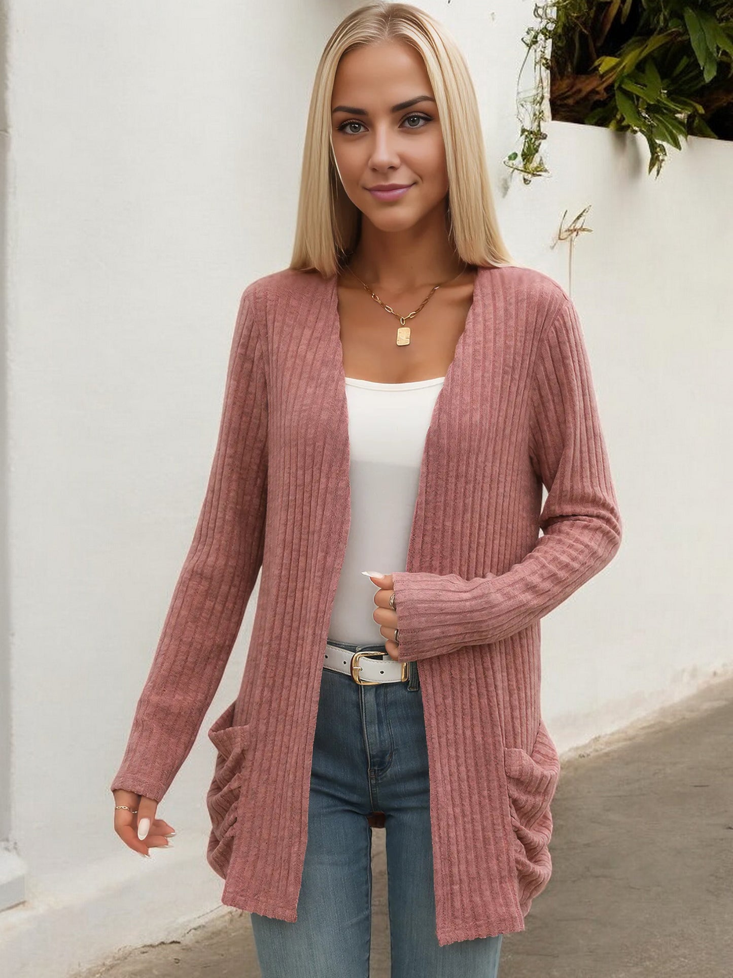 Anna-Kaci Women's Long Sleeve Open Front Cardigan with Ribbed Texture and Side Pockets
