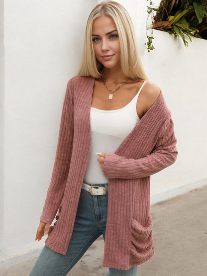 Anna-Kaci Women's Long Sleeve Open Front Cardigan with Ribbed Texture and Side Pockets