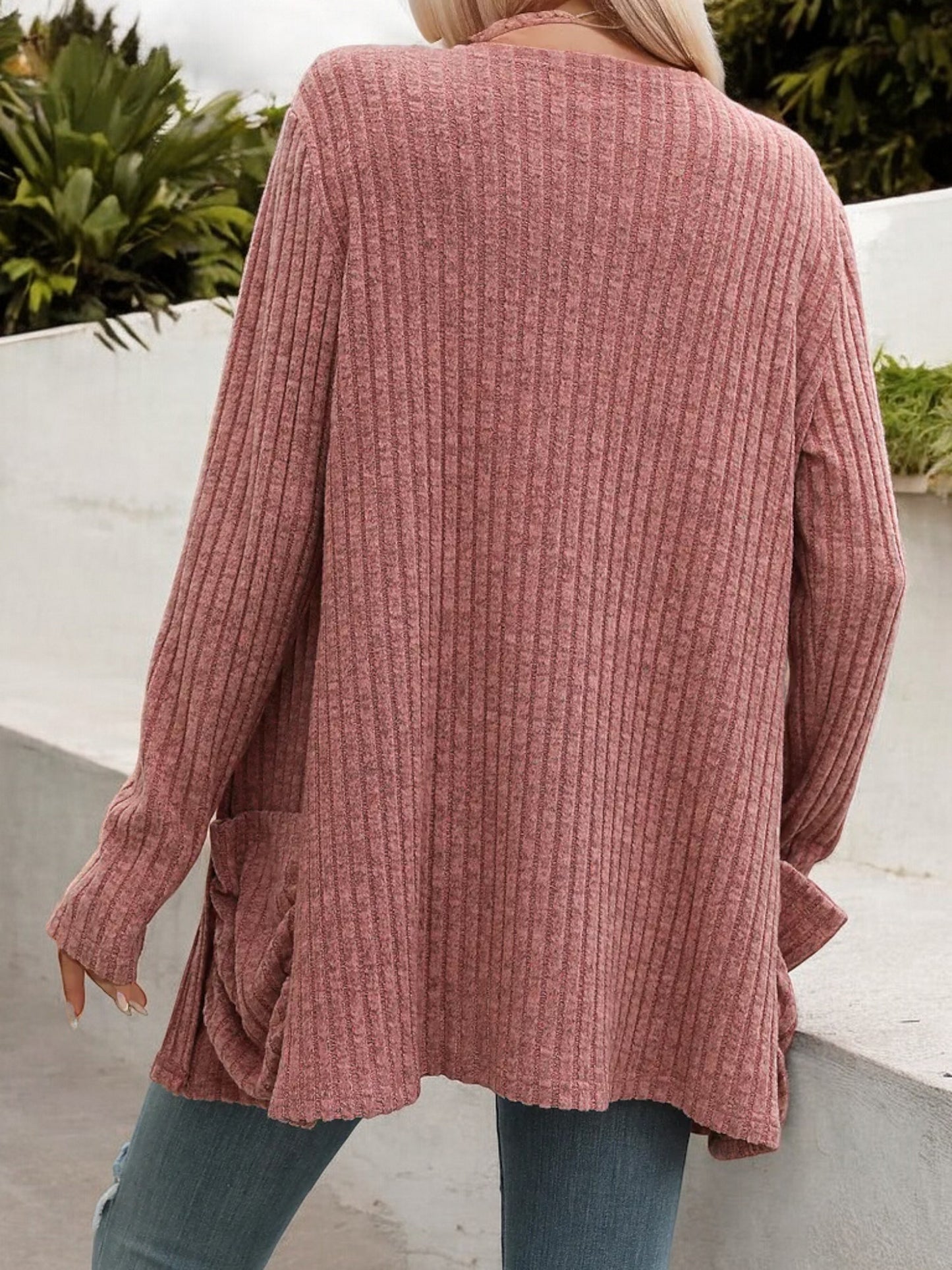 Anna-Kaci Women's Long Sleeve Open Front Cardigan with Ribbed Texture and Side Pockets