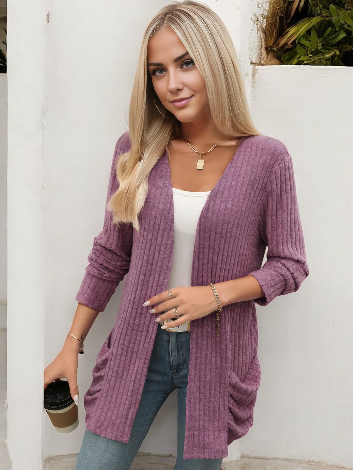 Anna-Kaci Women's Long Sleeve Open Front Cardigan with Ribbed Texture and Side Pockets