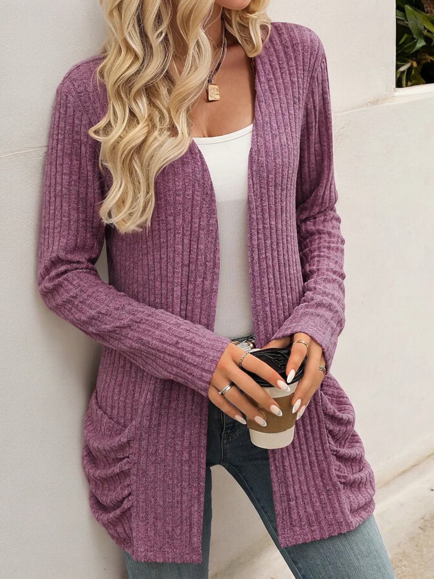 Anna-Kaci Women's Long Sleeve Open Front Cardigan with Ribbed Texture and Side Pockets
