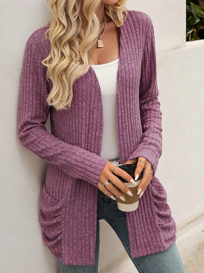 Anna-Kaci Women's Long Sleeve Open Front Cardigan with Ribbed Texture and Side Pockets
