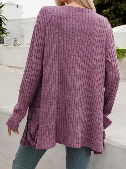 Anna-Kaci Women's Long Sleeve Open Front Cardigan with Ribbed Texture and Side Pockets