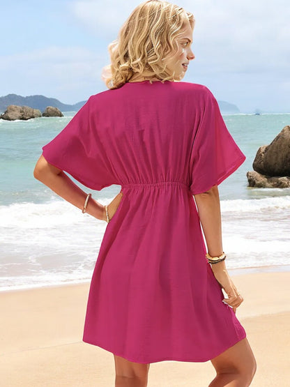 Anna-Kaci Women's V-Neck Short Sleeve Summer Dress with Delicate Lace Trim and Flowy Fit