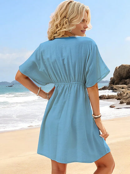 Anna-Kaci Women's V-Neck Short Sleeve Summer Dress with Delicate Lace Trim and Flowy Fit