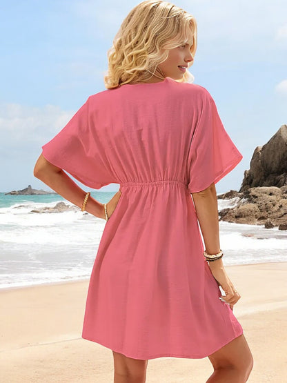 Anna-Kaci Women's V-Neck Short Sleeve Summer Dress with Delicate Lace Trim and Flowy Fit