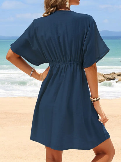 Anna-Kaci Women's V-Neck Short Sleeve Summer Dress with Delicate Lace Trim and Flowy Fit