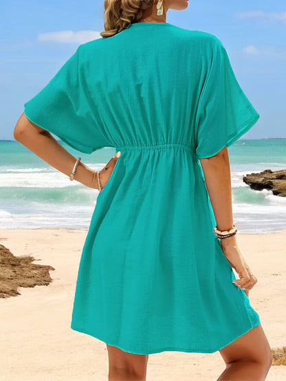 Anna-Kaci Women's V-Neck Short Sleeve Summer Dress with Delicate Lace Trim and Flowy Fit