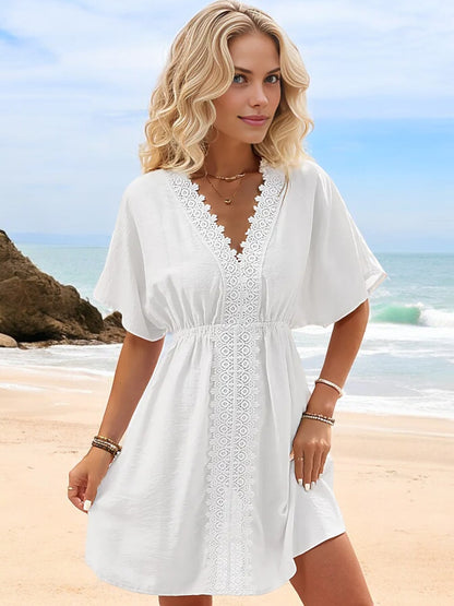 Anna-Kaci Women's V-Neck Short Sleeve Summer Dress with Delicate Lace Trim and Flowy Fit