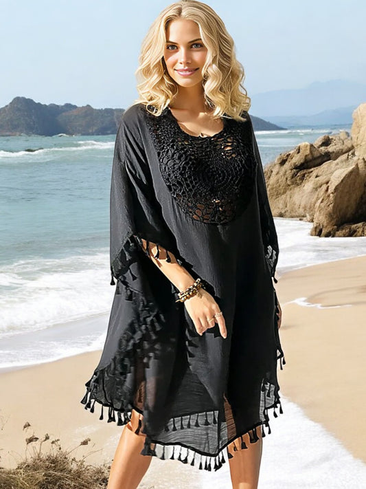 Anna-Kaci Women's Beach Cover-Up with Crochet Detailing and Tassel Trim