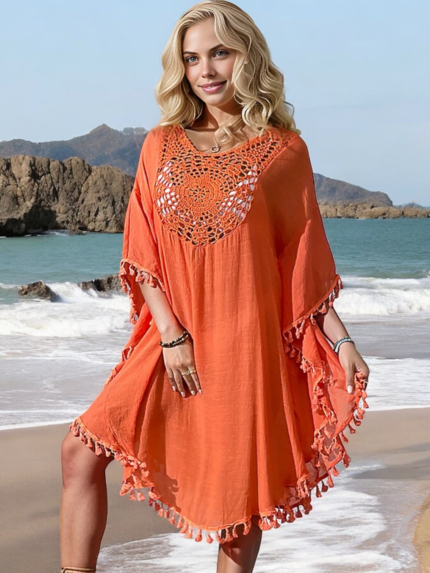 Anna-Kaci Women's Beach Cover-Up with Crochet Detailing and Tassel Trim