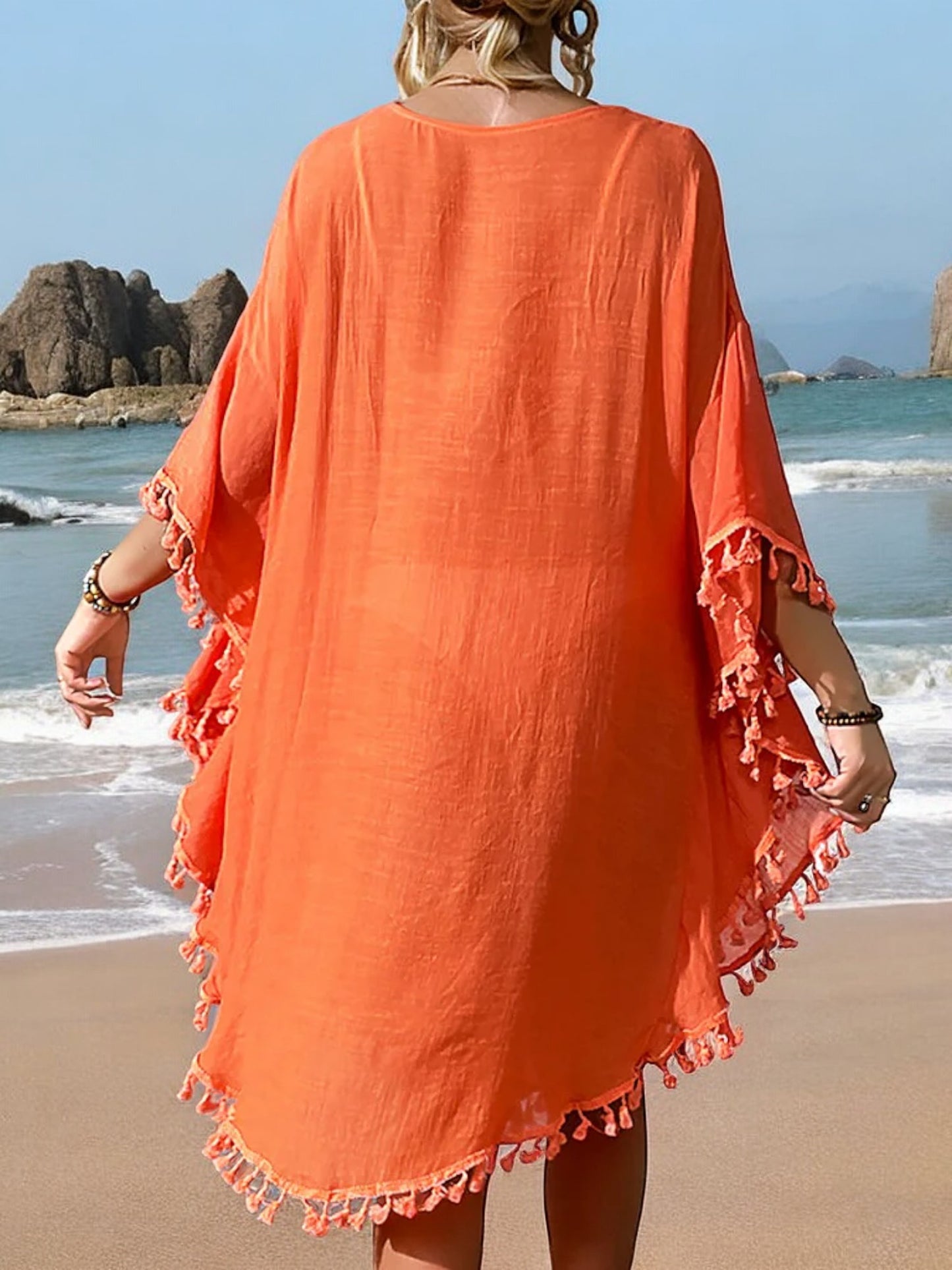 Anna-Kaci Women's Beach Cover-Up with Crochet Detailing and Tassel Trim