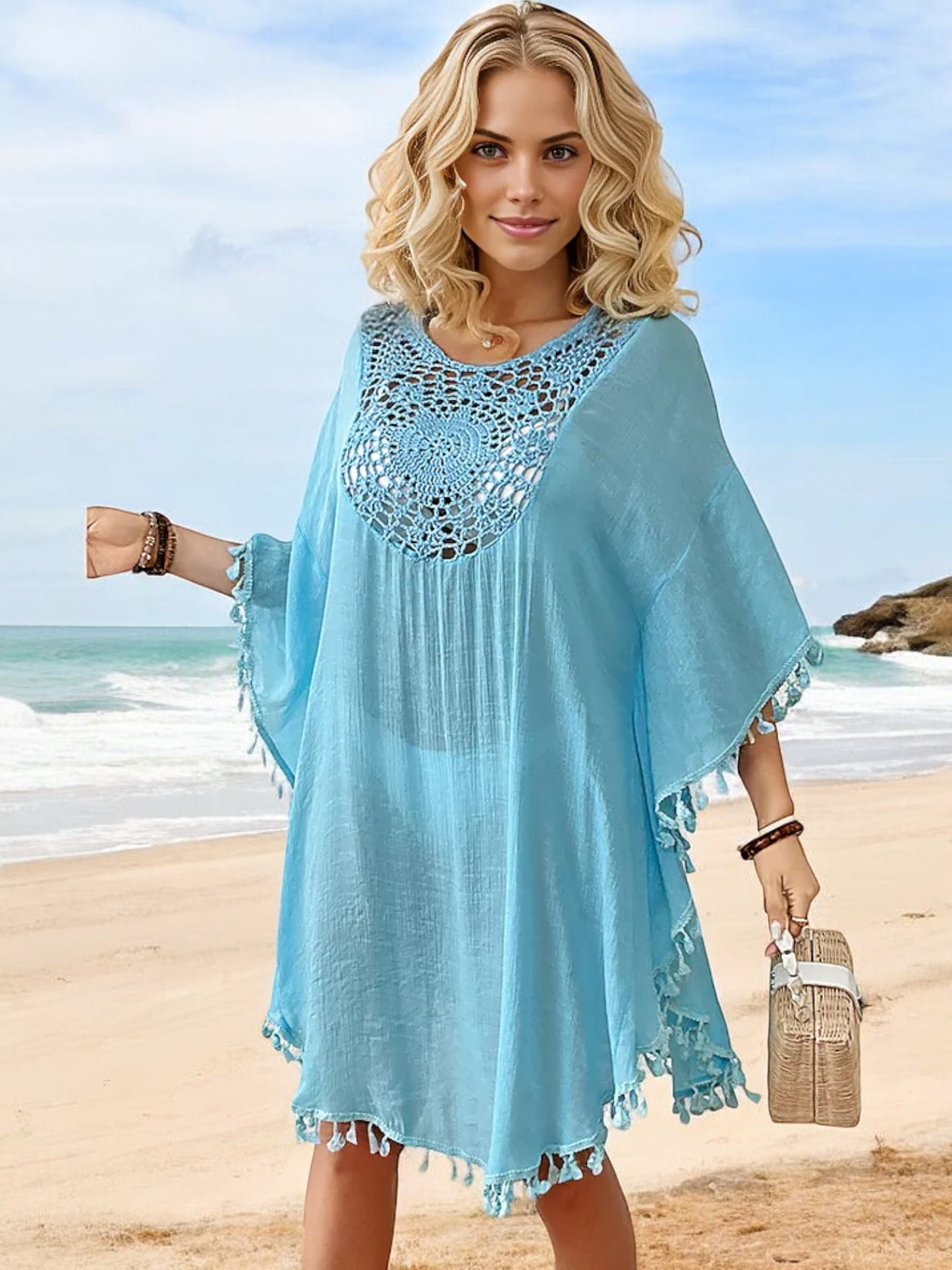 Anna-Kaci Women's Beach Cover-Up with Crochet Detailing and Tassel Trim