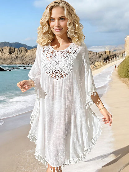 Anna-Kaci Women's Beach Cover-Up with Crochet Detailing and Tassel Trim