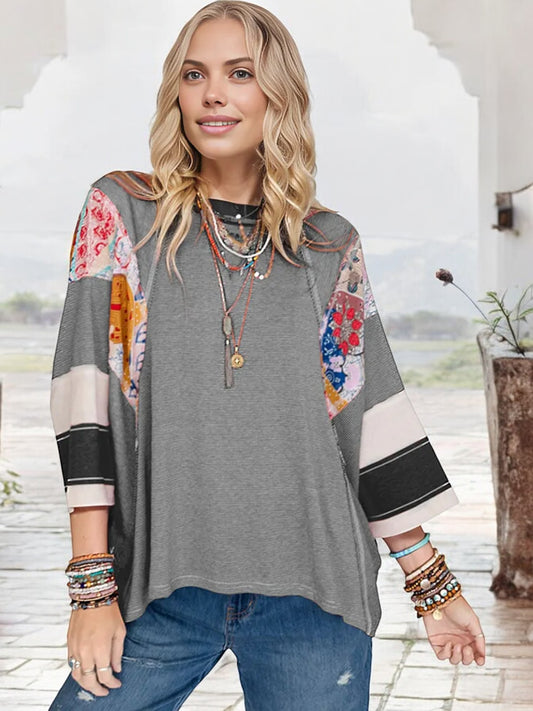 Anna-Kaci Women's Patchwork Sleeve Boho Top with 3/4 Sleeves and Relaxed Fit
