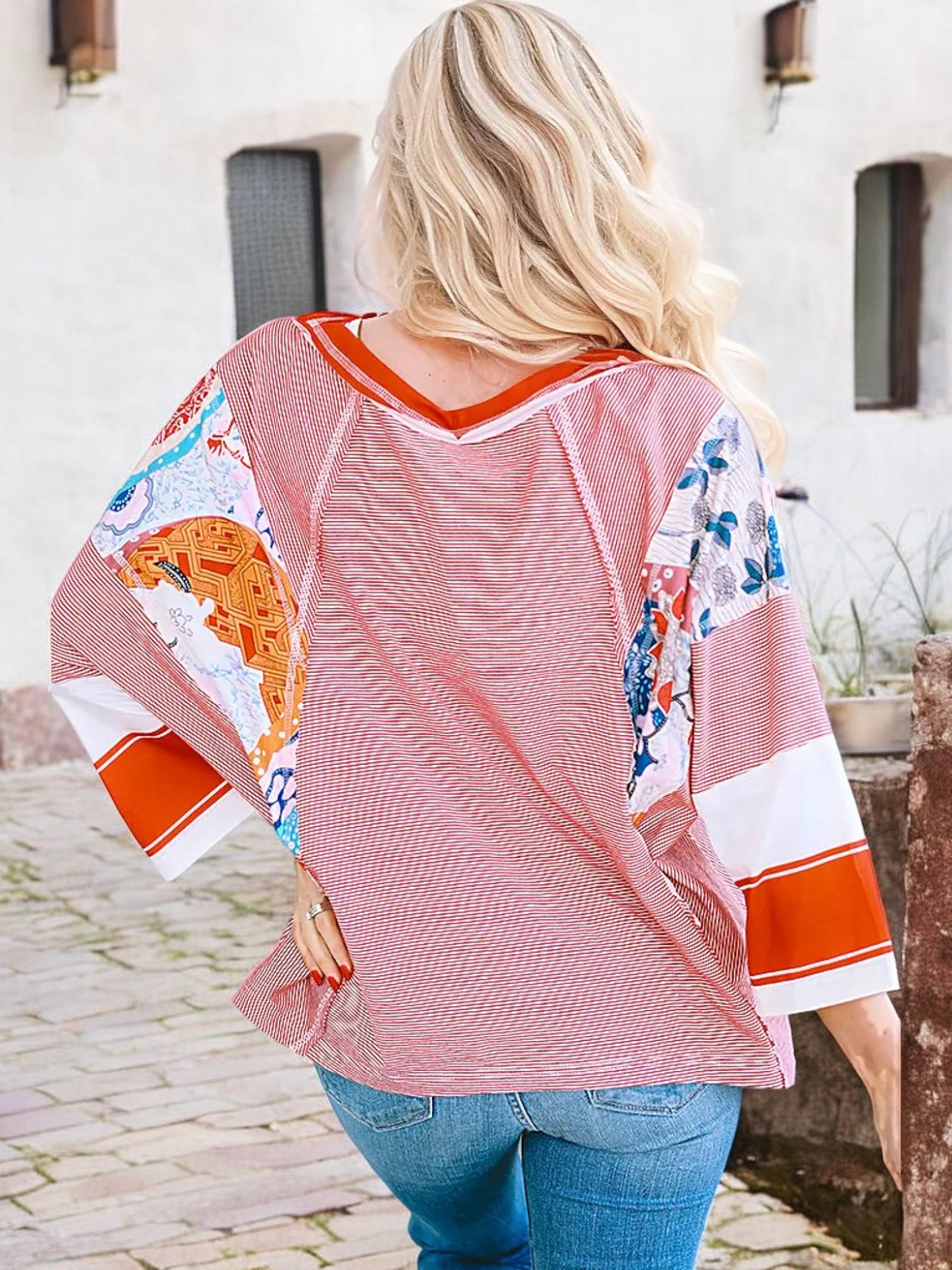 Anna-Kaci Women's Patchwork Sleeve Boho Top with 3/4 Sleeves and Relaxed Fit