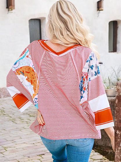 Anna-Kaci Women's Patchwork Sleeve Boho Top with 3/4 Sleeves and Relaxed Fit