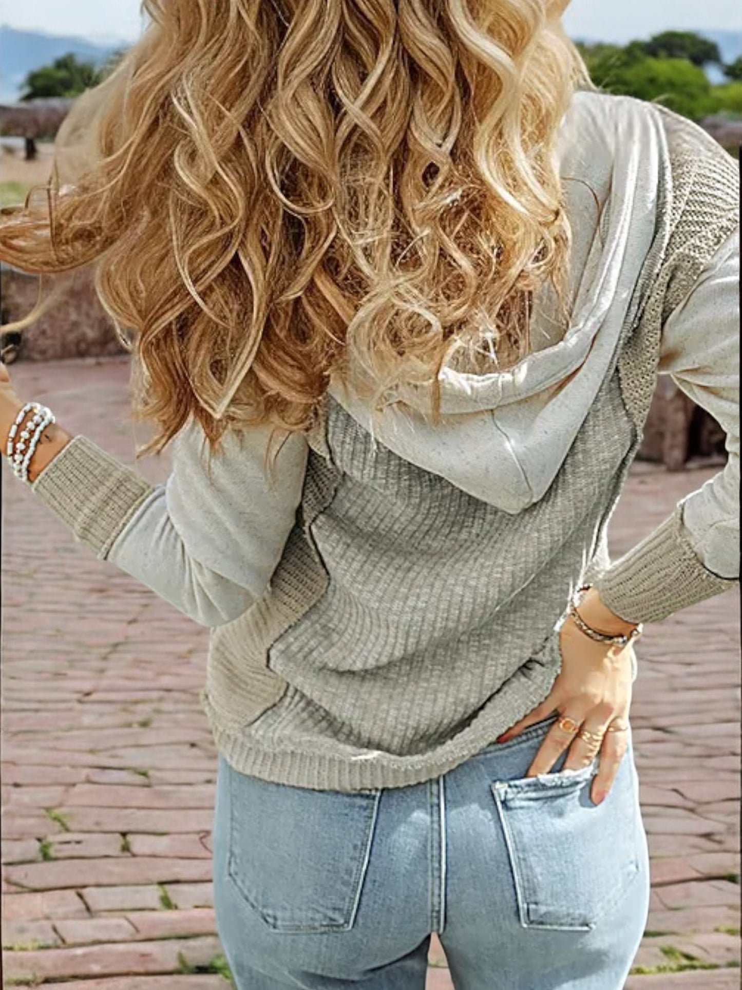 Anna-Kaci Women's Long Sleeve Knitted Hoodie with Ribbed Texture and Drawstring Detail