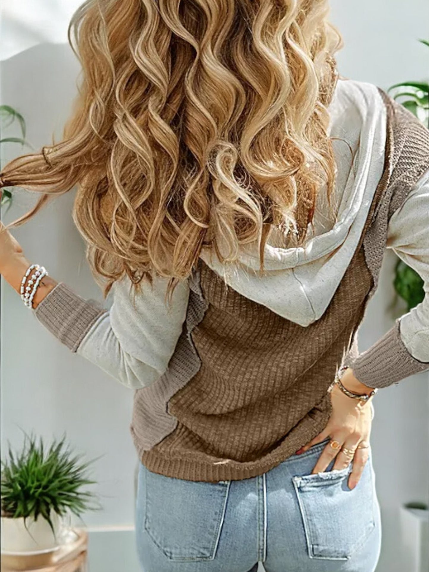 Anna-Kaci Women's Long Sleeve Knitted Hoodie with Ribbed Texture and Drawstring Detail
