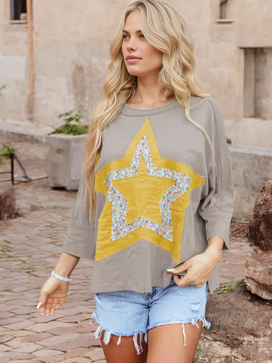 Anna-Kaci Women's Long Sleeve Graphic Tee with Floral Star Patchwork Design