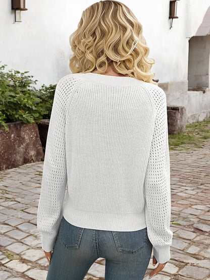 Anna-Kaci Women's V-Neck Knit Sweater with Long Balloon Sleeves and Pointelle Detailing