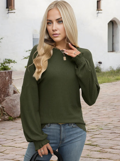 Anna-Kaci Women's Long Sleeve Ribbed Knit Sweater with Shirred Cuffs and Relaxed Fit