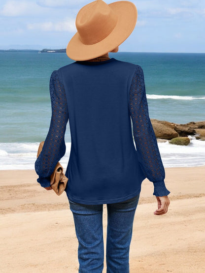 Anna-Kaci Women's V-Neck Lace Sleeve Blouse with Crochet Trim and Smocked Cuffs