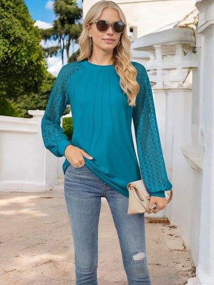 Anna-Kaci Women's Pleated Top with Lace Raglan Sleeves and Casual Fit