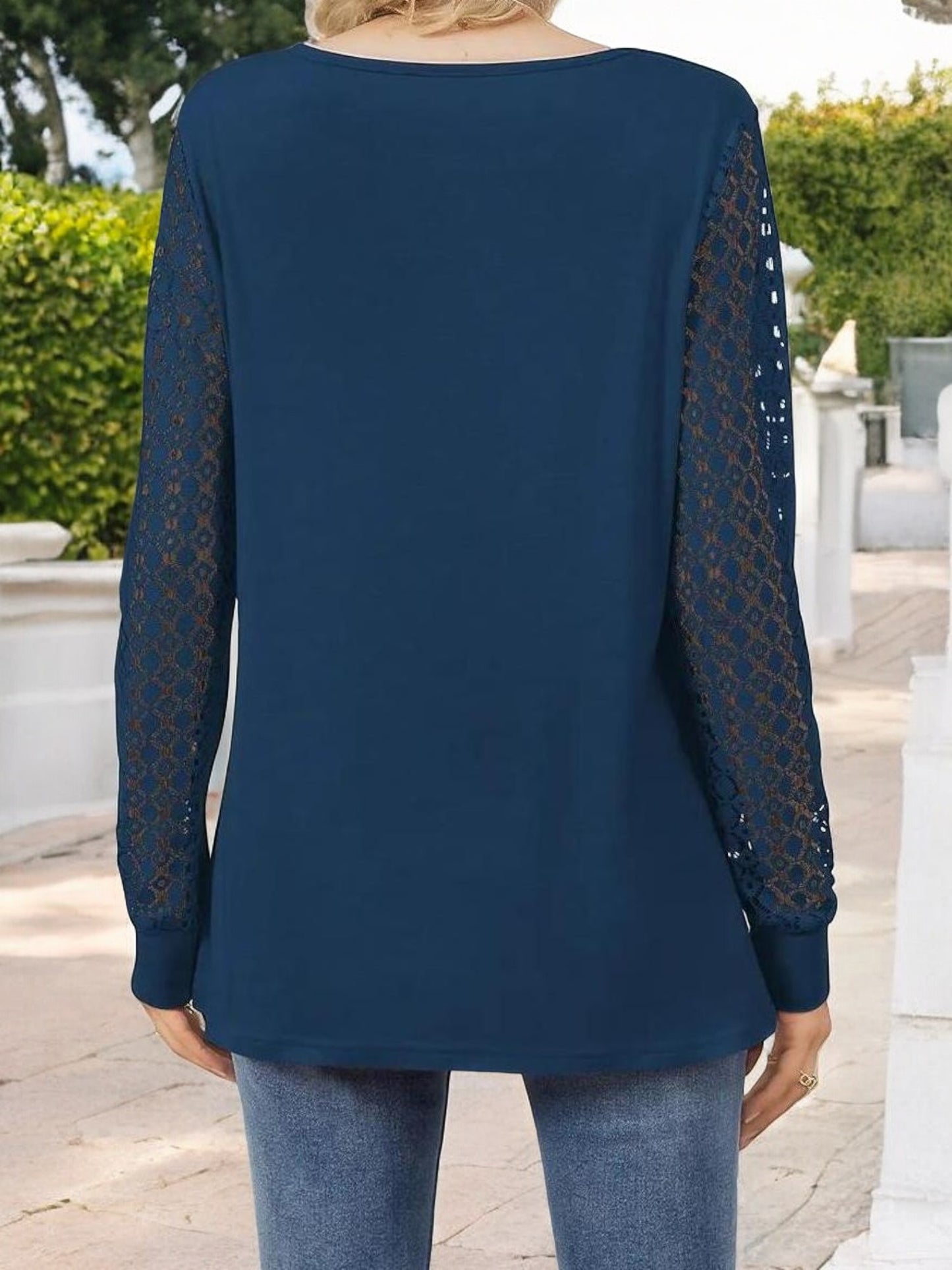 Anna-Kaci Women's Keyhole Cutout Top with Lace Sleeves and Relaxed Fit