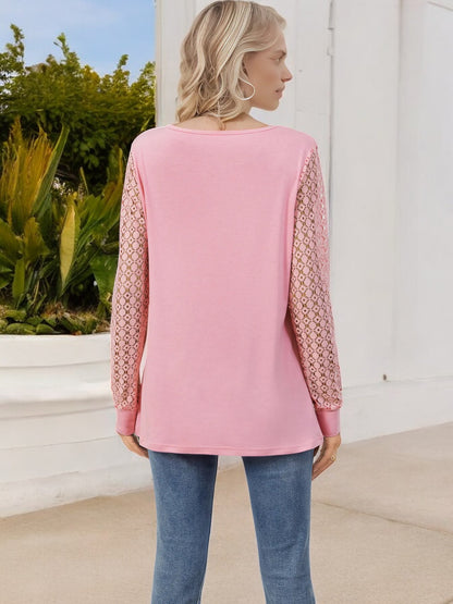 Anna-Kaci Women's Keyhole Cutout Top with Lace Sleeves and Relaxed Fit