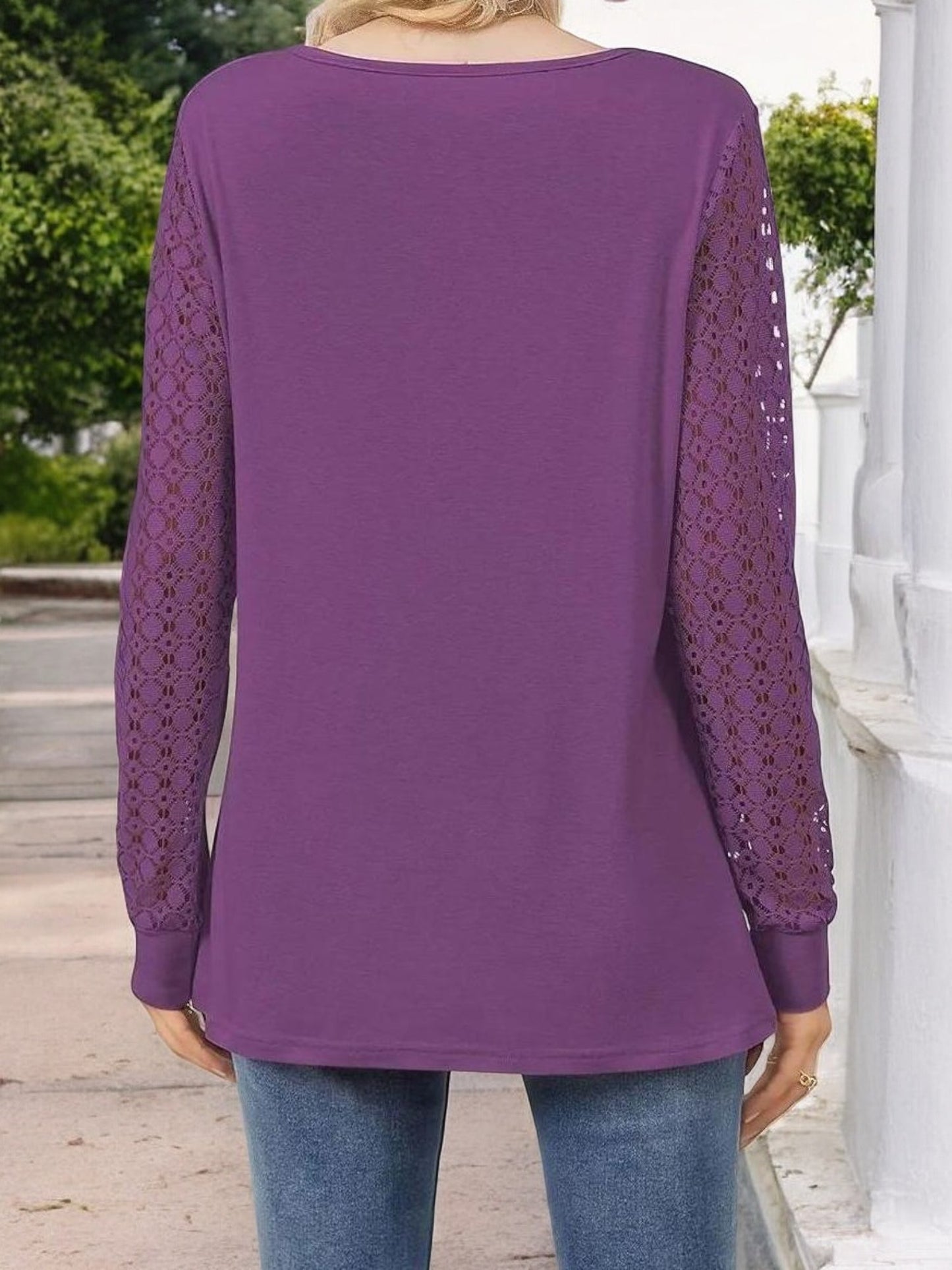 Anna-Kaci Women's Keyhole Cutout Top with Lace Sleeves and Relaxed Fit
