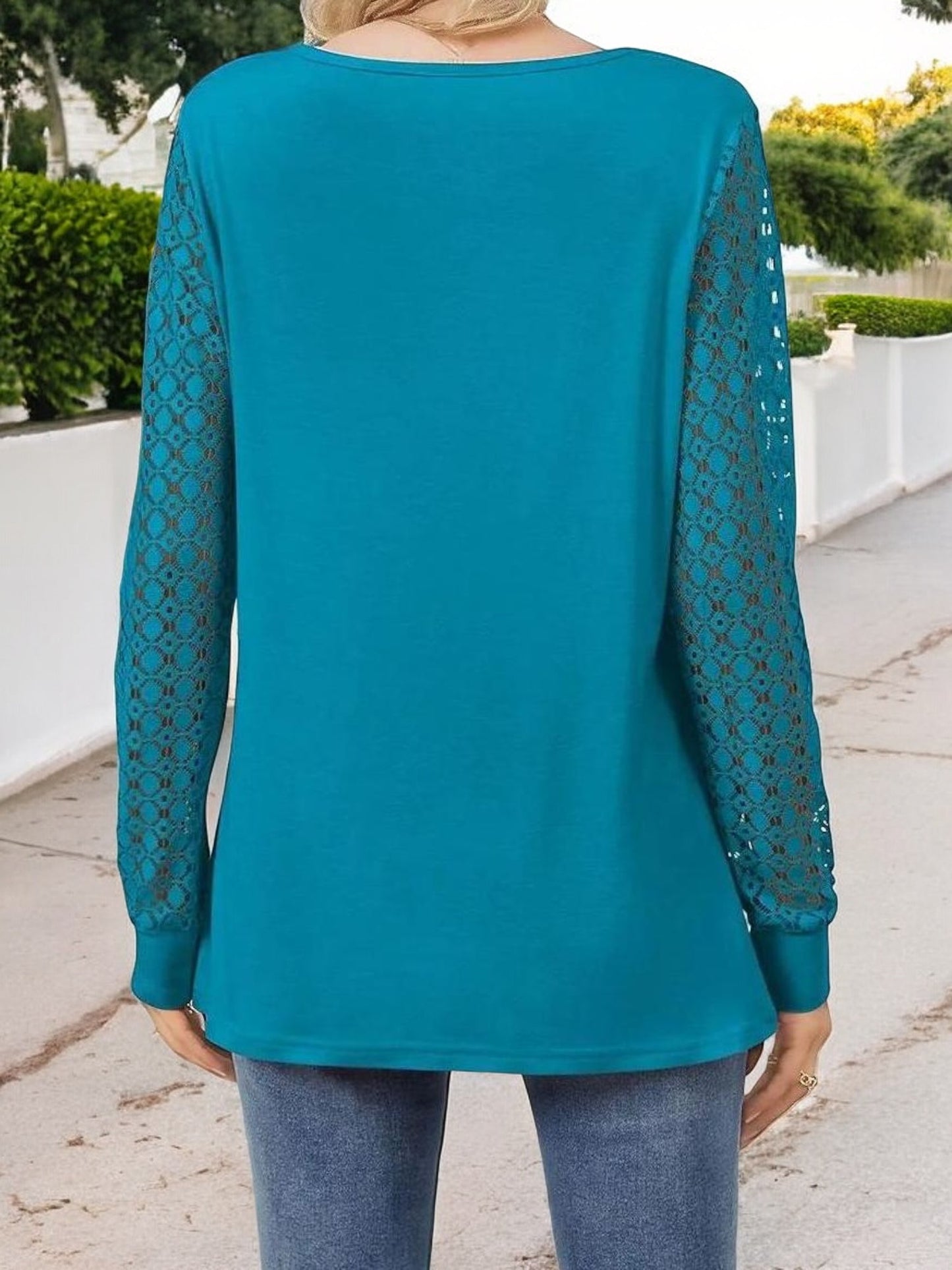 Anna-Kaci Women's Keyhole Cutout Top with Lace Sleeves and Relaxed Fit